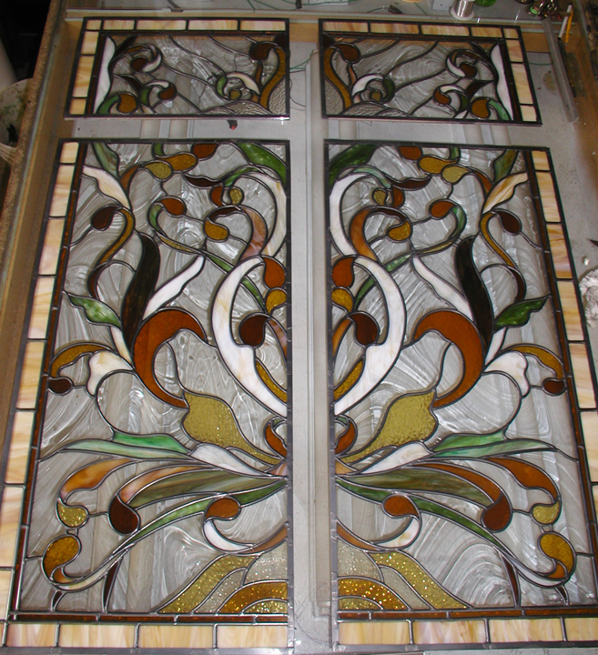Art nouveau style leaded stained glass pocket door panels
